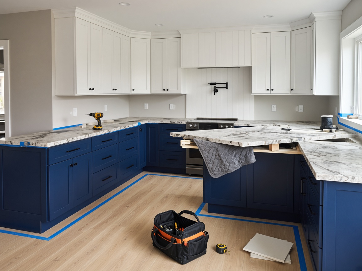 Kitchen remodel in progress with new navy cabinets and stone countertops